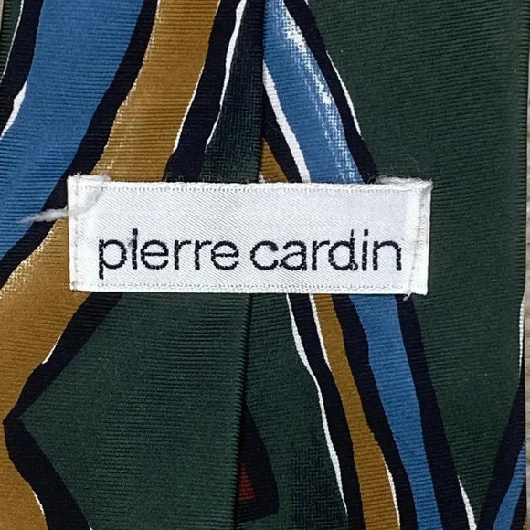 Pierre Cardin Men's Silk Tie Geometric Pattern Green Blue Brown Vintage - Picture 12 of 16